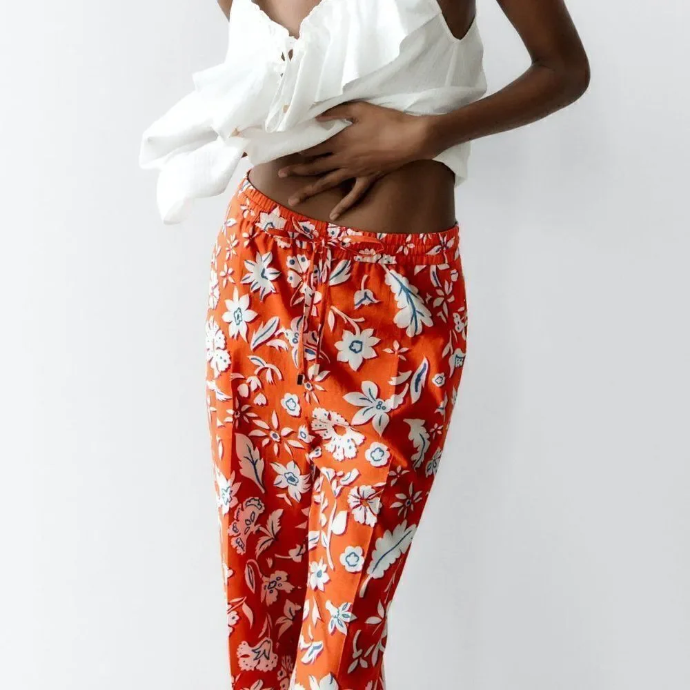 ZARA LINEN BLEND FLORAL PANTS NEW
